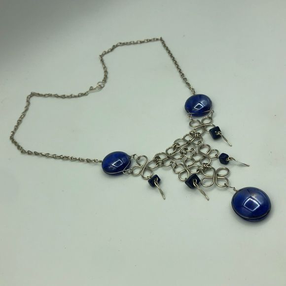 VINTAGE Silver Tone & Blue Floral Bib Necklace Retro Statement Pretty Festival - Picture 8 of 15